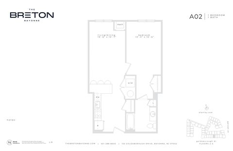 Floor plan for 1 bed, 1 bath, 726 sqft